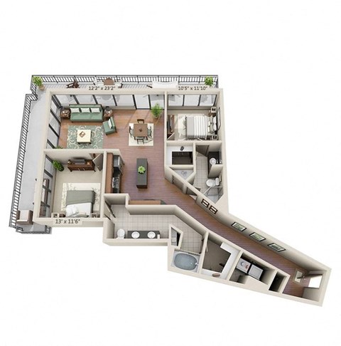A 3D floor plan of a house with a living room, kitchen, and two bedrooms.